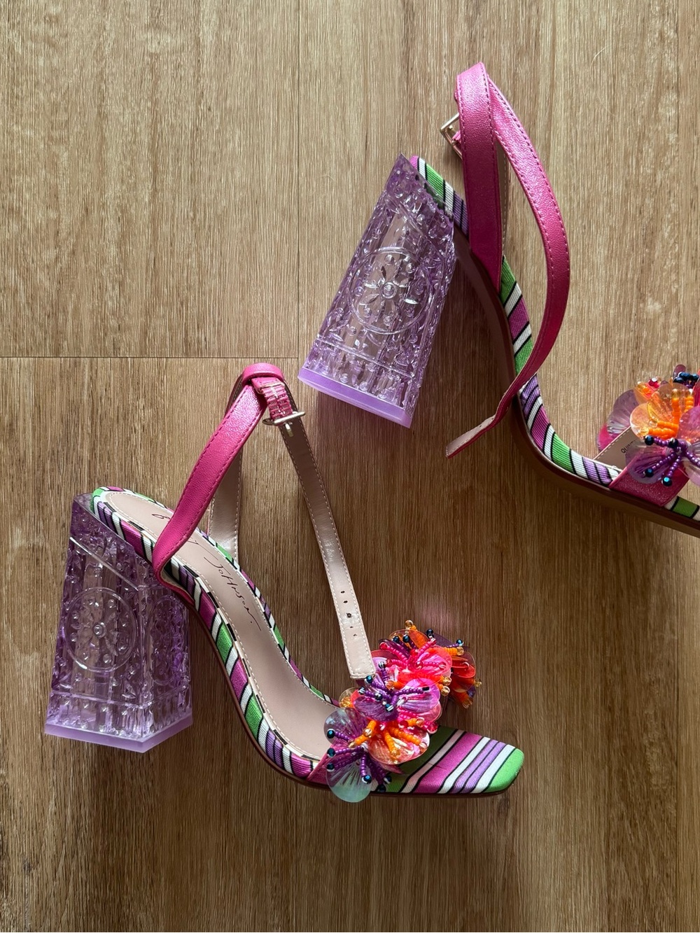 Betsey Johnson Pink Striped Floral Beaded Block Heel Sandals - Picture 3 of 6